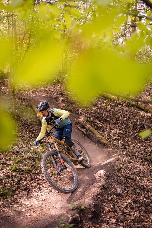 person on a mountain bike descends a technical path in woodland
